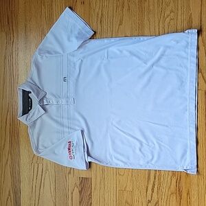 Travis Mathew white polo with Yamaha watercraft sleeve.